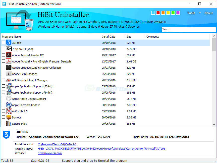 HiBit Uninstaller main window listing installed programs